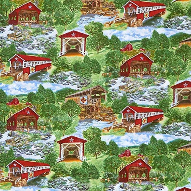 All Over Red Covered Bridges, Timeless Treasures, Nature-C7819