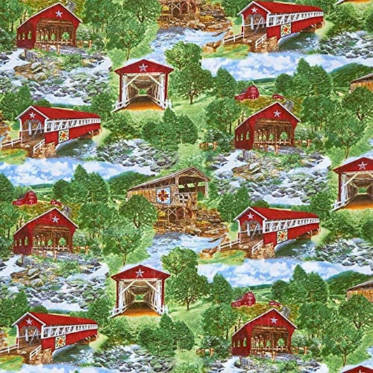 All Over Red Covered Bridges, Timeless Treasures, Nature-C7819