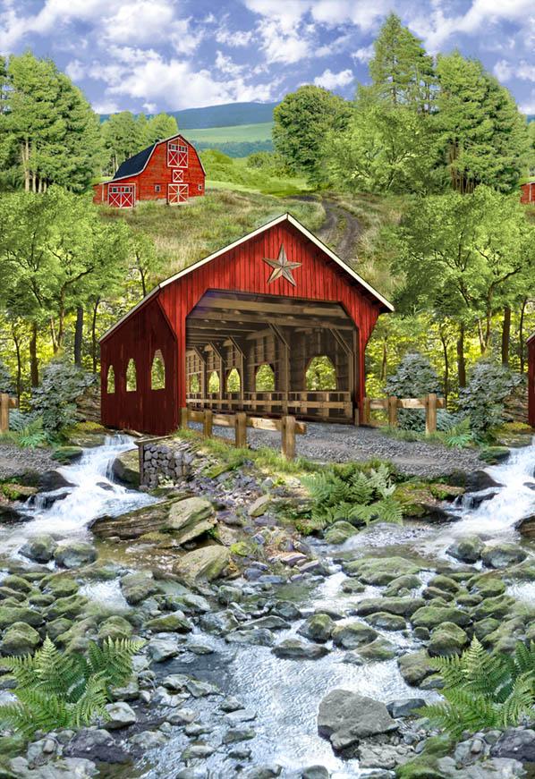 Red Covered Bridge Panel, Timeless Treasures, Panel-C7818